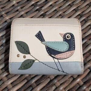 RELIC Faux Leather Bird Wallet 4" X 3.5" Eggshell Cornflower Blue 3D Studded